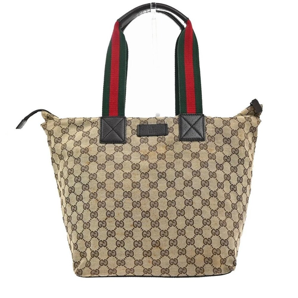 GUCCI GG Logo Sherry Line Shoulder Hand Bag Canvas Leather Beige Italy 67KC204